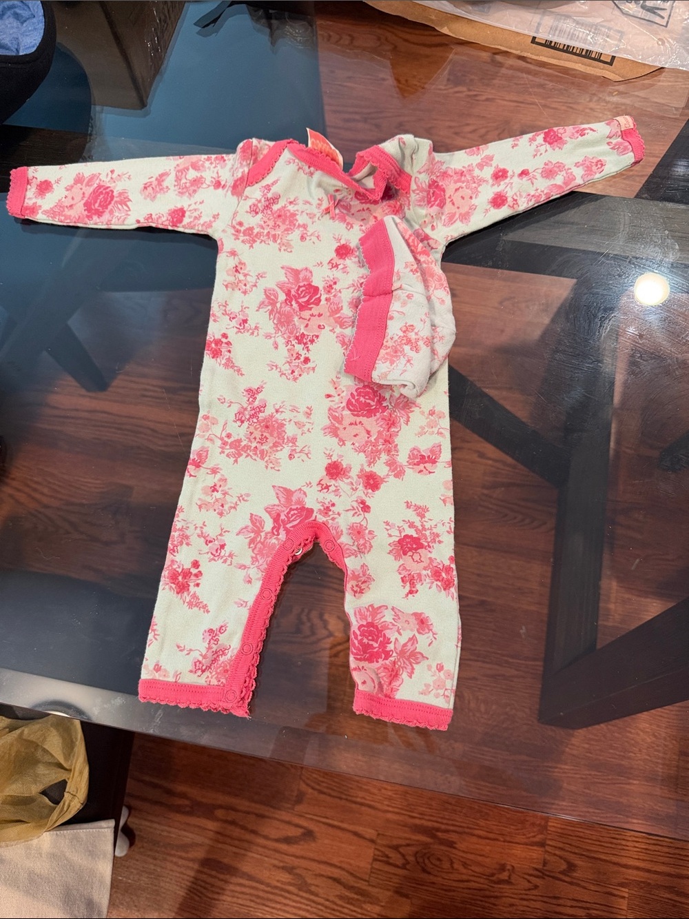 Coccoli Pink Floral Trim Baby One-Piece Footie with hat all cotton